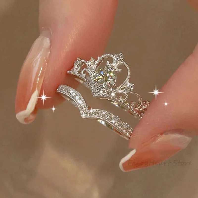 2Pcs Crown Rings Women Open Adjustable Crystal Couple Paired Ring Engagement Wedding Anniversary Jewelry Fashion Girlfriend GiftX240921