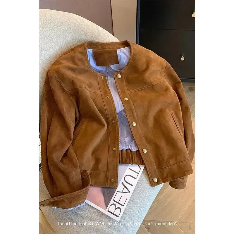 GkyocQ Korean Fashion Women Coat O Neck Long Sleeve Single Breasted Chamois Leather Short Jacket All Match Female Coats Tops 240918