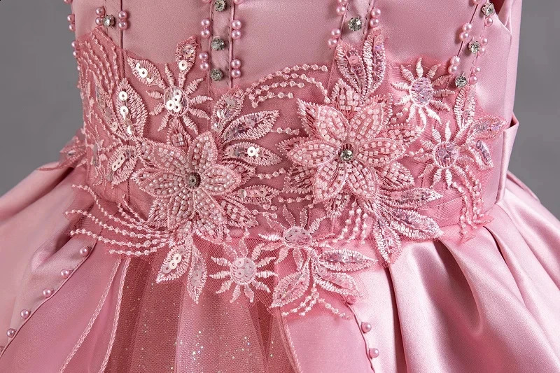 Girls pearl birthday bead flower tail fluffy dress 4-12-year-old girl embroidery sequin wedding girl princess dress 240920