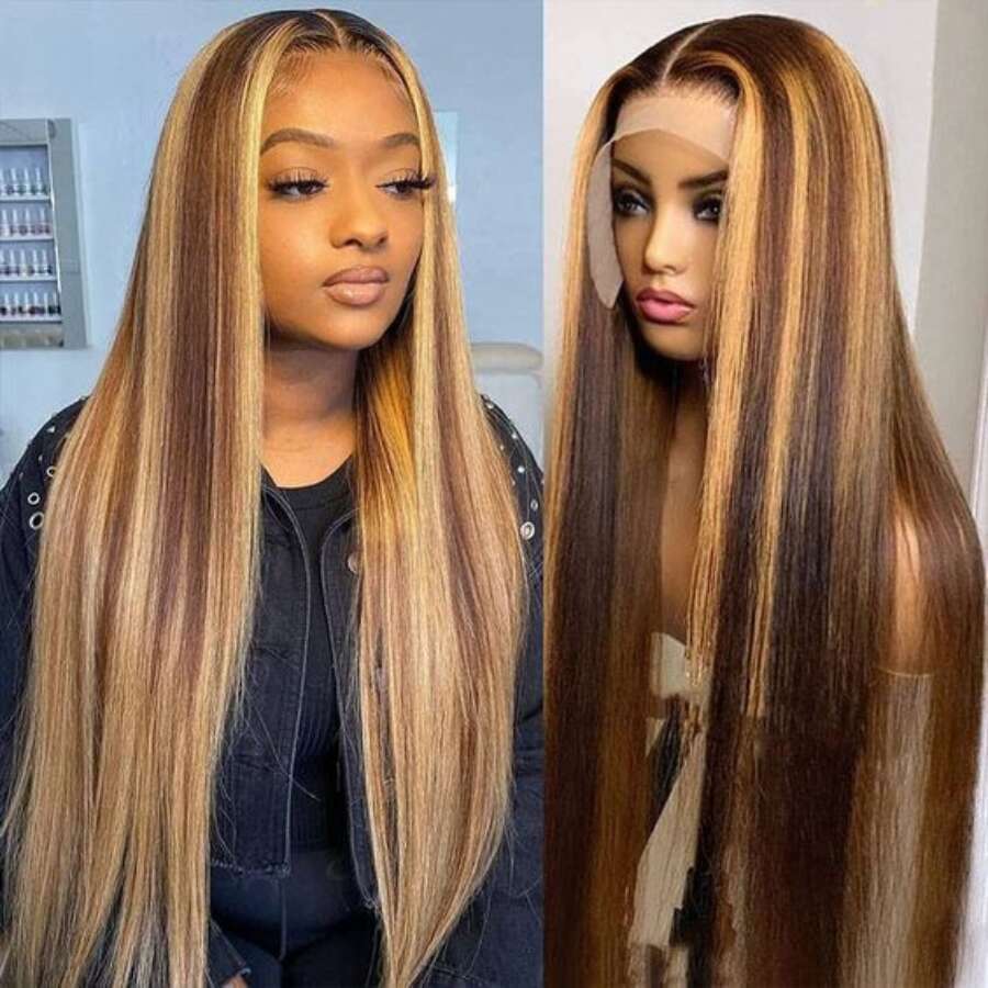 P4/27 Highlight Straight Wig Wigs Honey Blonde Body Wavy T Part Brazilian Natural 100% Human Hair Lace Frontal