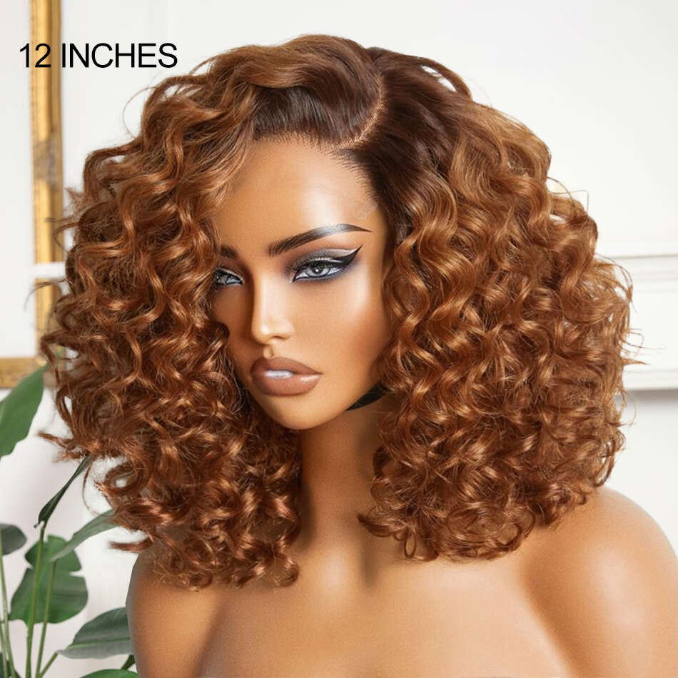 Sophianna Bouncy Left C Part Natural Black / Ginger Ombre Curly Wave Glueless Wig Human Hair Minimalist HD Lace Ready to Go