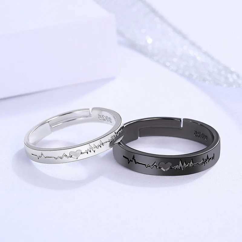 2Pcs/set Romantic Couple Rings For Women Men Punk Heart ECG Black White Forever Love Promise Wedding Ring ValentineS Day GiftX240921