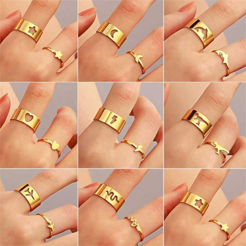 2pcs/set Butterfly Open Rings for Women bague femme Gold Color Hollow Dinosaur Rings Adjustable Wedding Couple RingsX240921