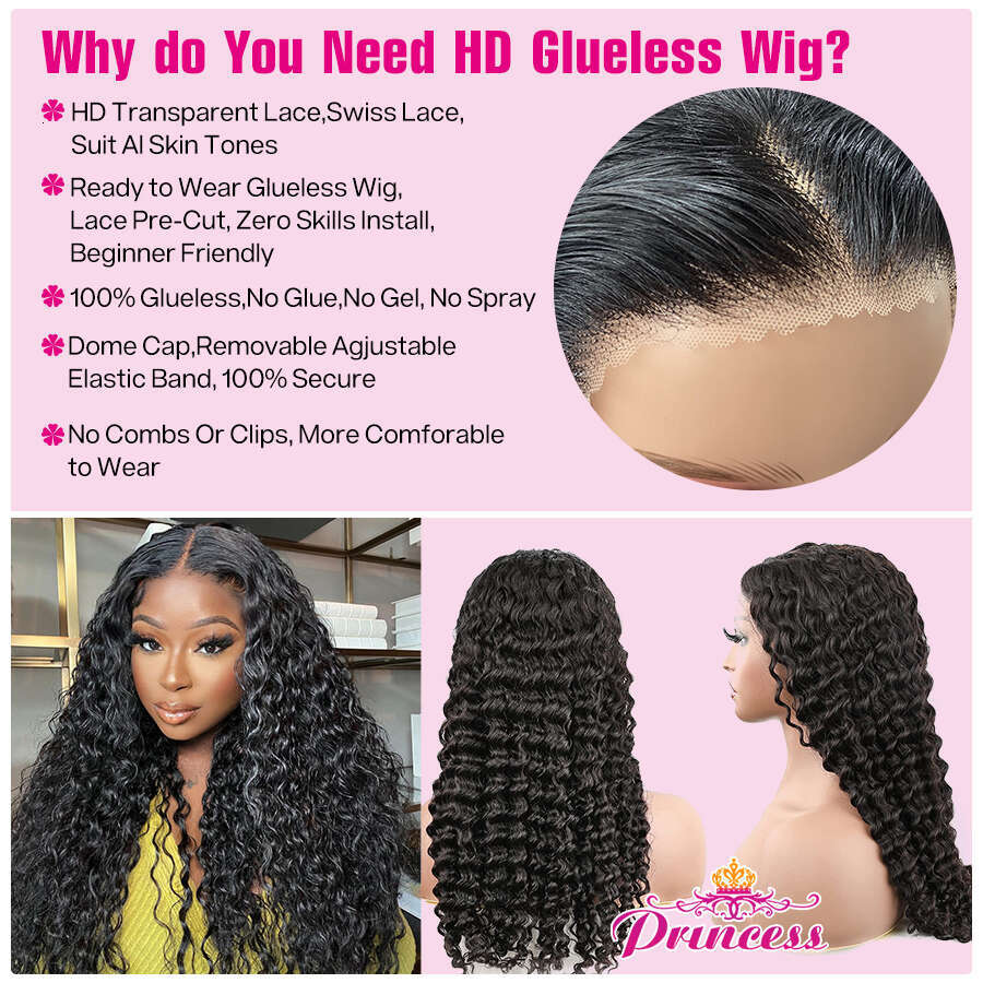 Princess Glueless Human Hair Ready to Wear Cut Brazilian Deep Wave Lace Front Wig With Pre plucked Haire