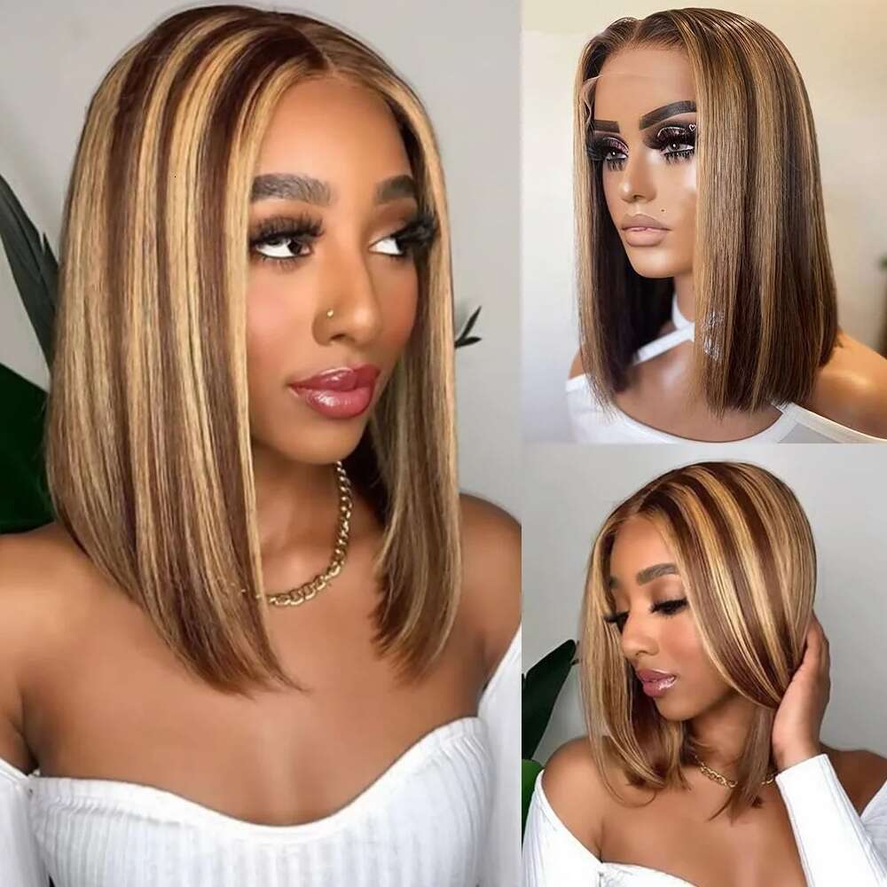 Highlight Ombre Wig Straight 4/27 Honey Blonde Human Hair 13x4 Lace Front Wigs Short Bob