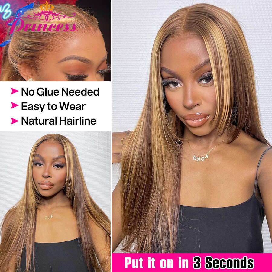 Princess Glueless Ready to Wear Pre plucked Straight Highlight HD Lace Frontal Wig Human Hair