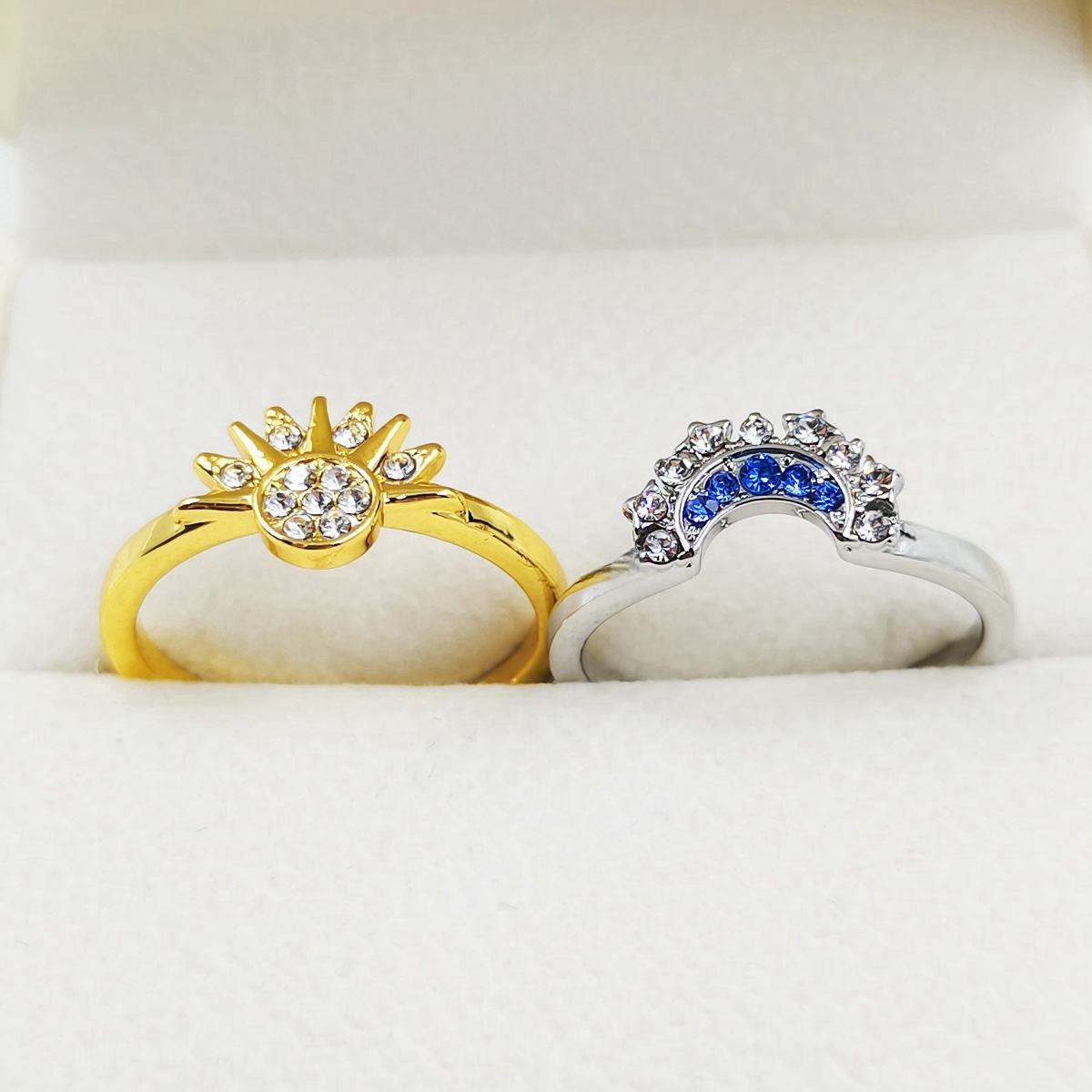 Simple sparkling sun moon blue diamond stacking celestial couple ring set with free shipping