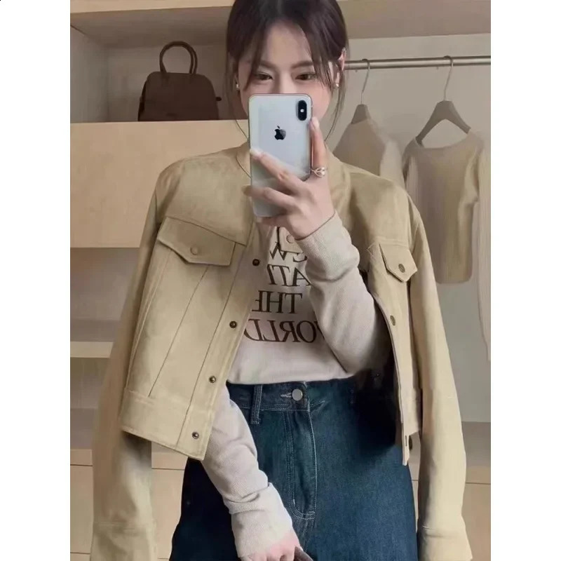 2024 Style French Stand Collar Chamois Leather Jacket For Women Autumn Sensibility Motorcycle Jacket Top Regular Fit 240918