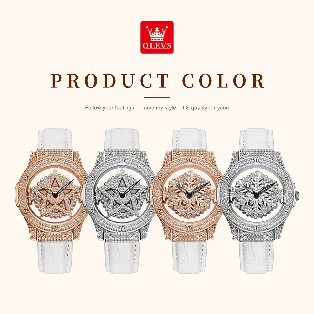 OLEVS Diamond Watch for Women Waterproof Breathable Leather Strap Female Pentacle Snowflake Rotates the Dial Quartz Watch 240909