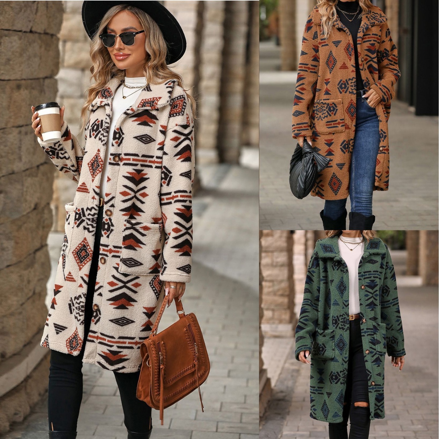 Velvet Autumn/winter New Womens Single Breasted Ethnic Style Printed Plush Long Coat Jacket