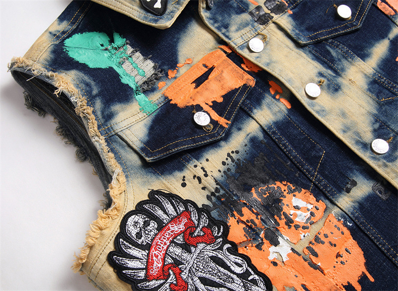 Men's New Slim-Fit European And American Style Multi-Badge Skull Paint Long-Sleeved Trendy Slim Denim Jacket M-3Xl