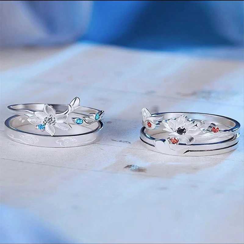 Anime Mo Dao Zu Shi Rings Lan Wang Ji Wei Wuxian Red Blue Crystal Flower Opening Rings Wedding Couple Jewelry Valentines Day GiX240921