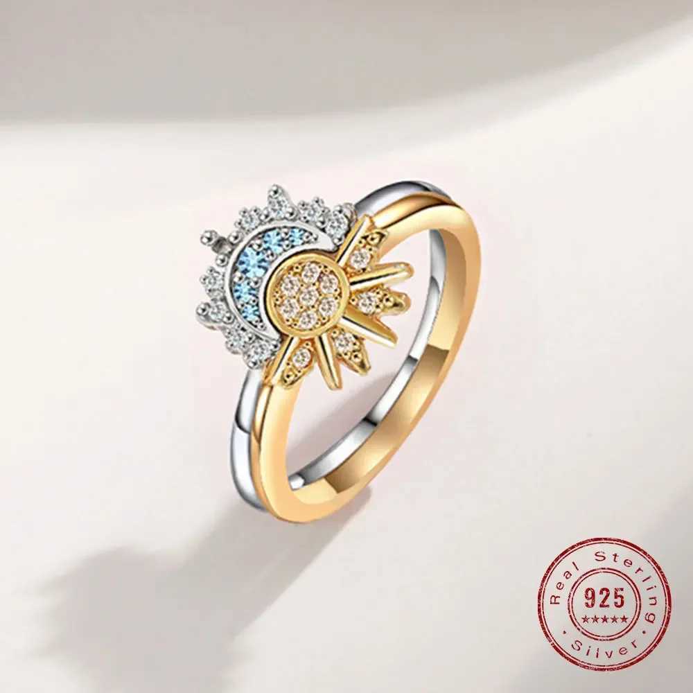 YILUOCD 925 Sterling Silver Sun and Moon Ring Set for Women Sparkling Cubic Zirconia Stackable Rings Promise Couple Fine JewelryX240921