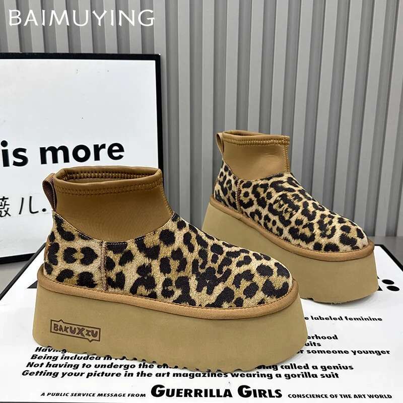 Leopard Platform Women Snow Ankle Boots Designer Flats Casual Short Plush Cotton Shoes 2024 Trend Warm Winter Botas Mujer