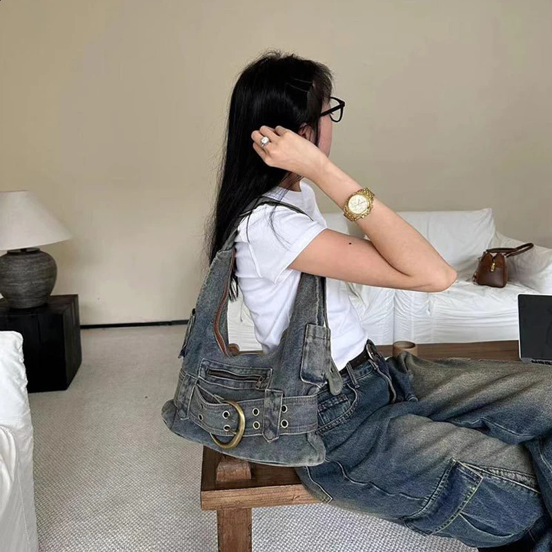 Trendy Women Vintage Denim Punk Shoulder Bag Y2k Streetwear Grunge Handbag Cool Girls Retro Gothic Casual Underarm Bags 240909