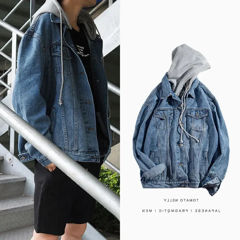 Japanese retro hooded denim jacket for men fashionable and loose fit suitable teenage jackets students leisure casual scenes 240921