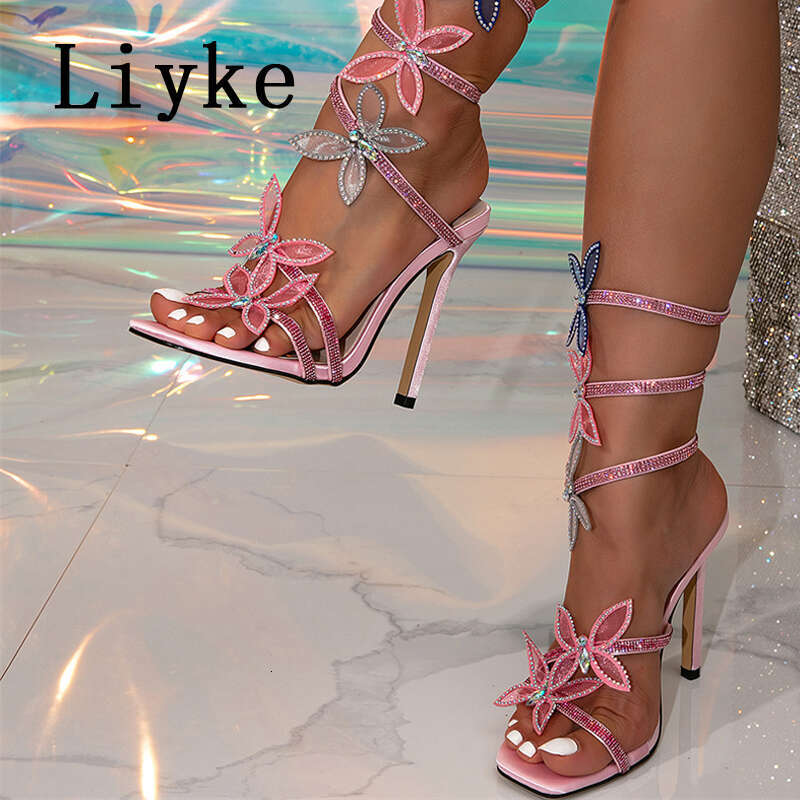 Liyke Brand Design Crystal Butterfly Square Toe Sandals Women Rhie Ankle Snake Twine Around Wedding Party Shoes High Heels