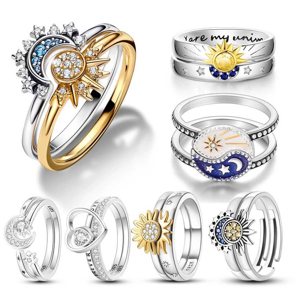 2 Pcs Ring Sets 925 Silver Jewelry Moon Sun Ring For Women Wife Valentiness Day Gift Jewellery Lover 2 IN 1 Statement BandX240921