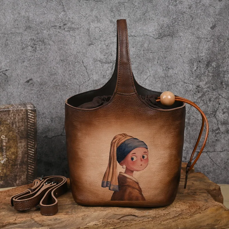Vintage Cow Leather Bags For Women Handmade TLXT 3 Color Wiping Designer Bucket Bag Female Designer Luxury Handbag Brown Bag