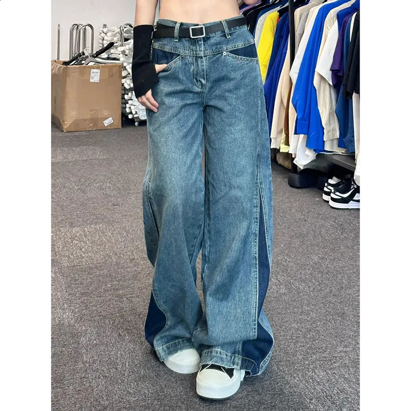 Womens Blue Baggy Y2k Jeans Harajuku Streetwear Aesthetic Denim Trousers Wide Jean Pants Vintage 2000s Trashy Oversize Clothes 240911