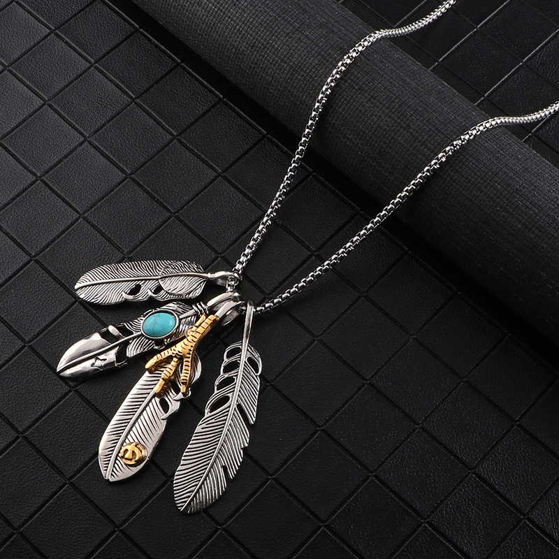 Feather pendant Takahashi with necklace European and American personality four-piece suit hip hop simple long sweater chain accessories men Free shipp