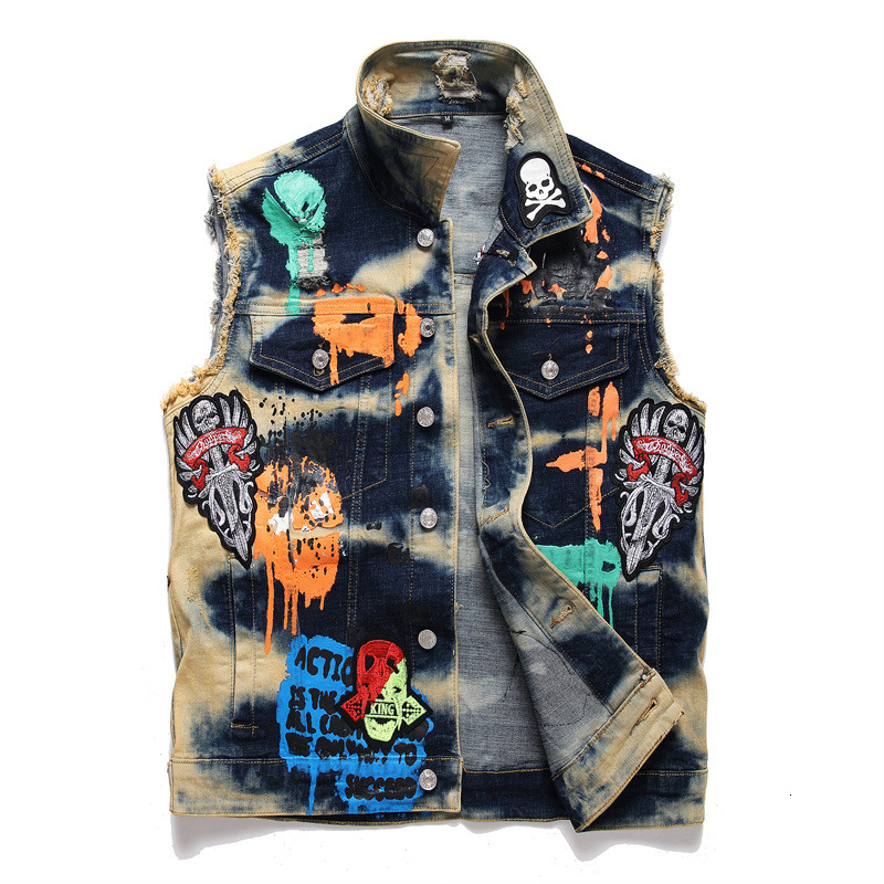 Men's New Slim-Fit European And American Style Multi-Badge Skull Paint Long-Sleeved Trendy Slim Denim Jacket M-3Xl