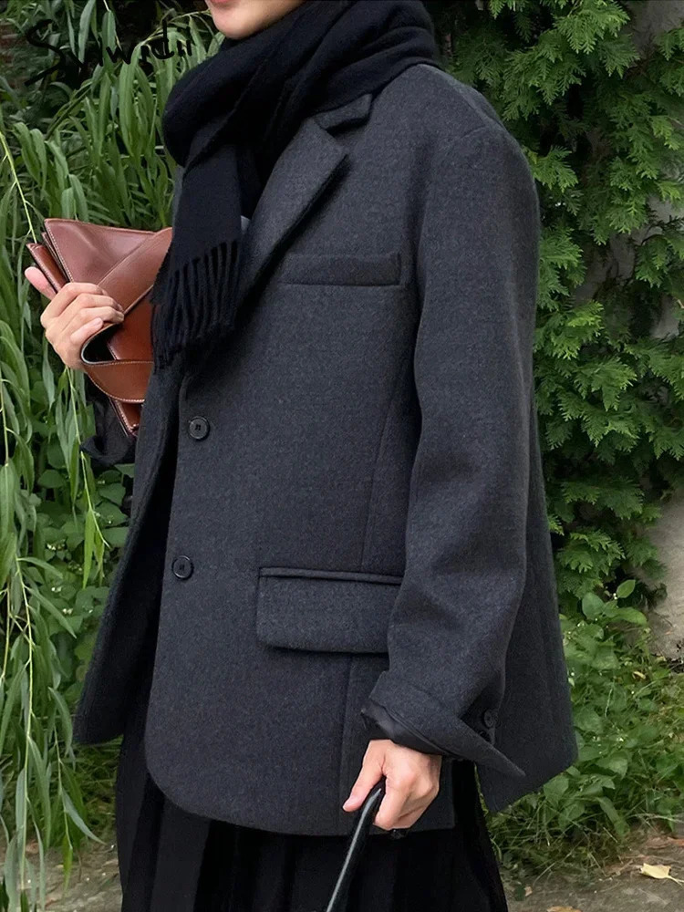 Syiwidii Vintage Grey Woolen Blazer for Women Fall Winter Office Ladies Long Sleeve Jacket Y2k Oversized Casual Coats 240918