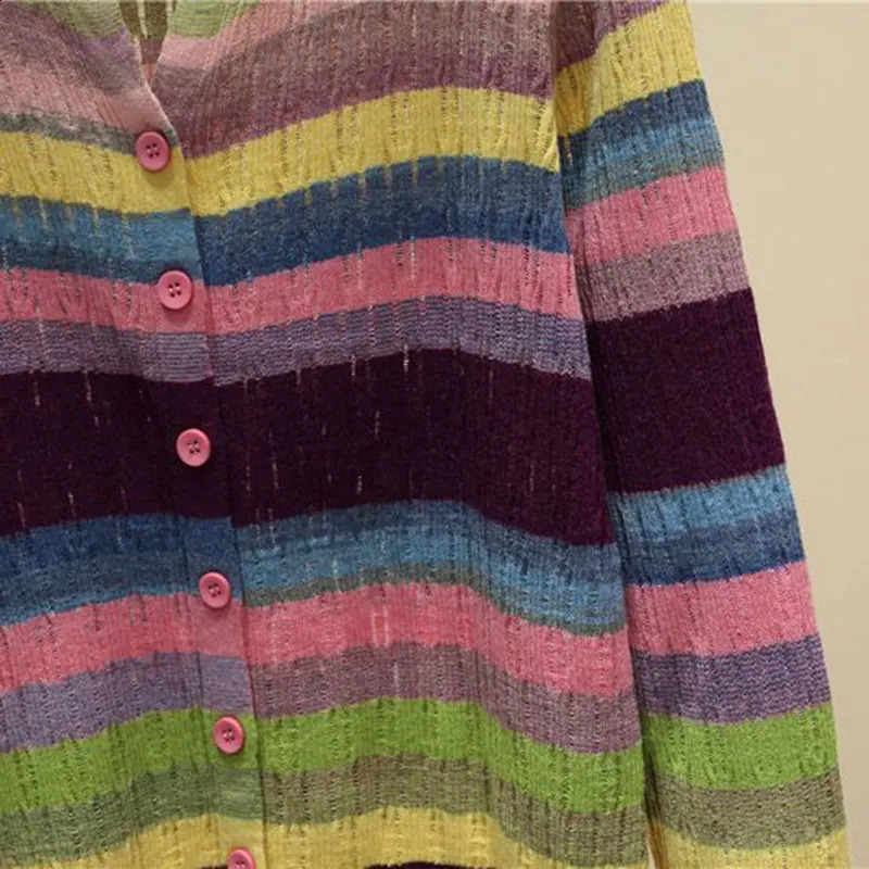 Multi-Color Rainbow Striped V-Neck Knit Chic Long Sleeve Womens Cardigan Single Breasted Sweater Cardigan For Women Clothing 240912