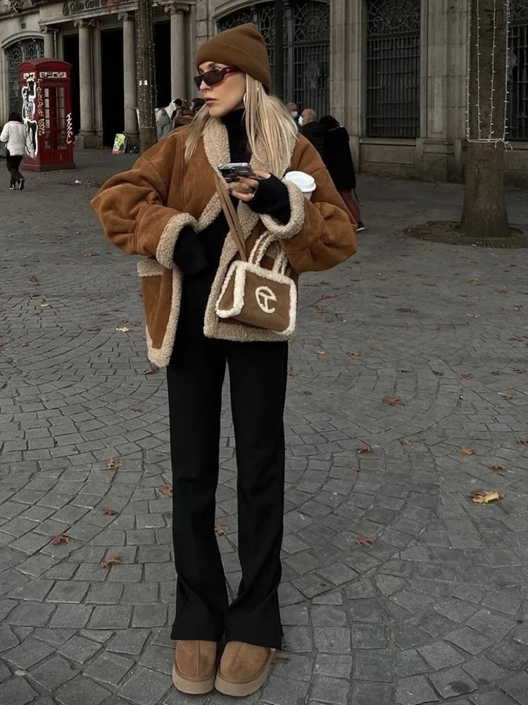 Thick Warm Faux Suede Fur Jacket Parka Winter Women Vintage Shearling Sheepskin Retro Female Loose Single Breasted Lamb Fur Coat 240919
