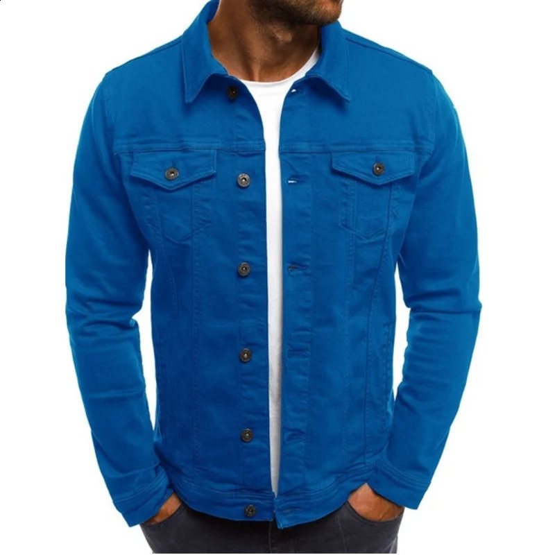 Fashion Cool Solid Color Denim Jacket Mens Flip Collar Autumn Single breasted Open Woolen Sweater Slim Fit Casual Multi Pocket Top 240921