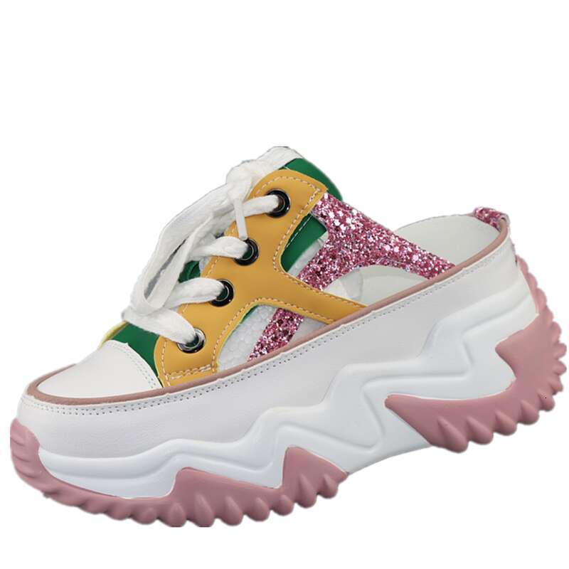 New Glitter Leather Women Chunky Sneakers Platform Wedge Breathable Slippers Comfortable Hollow Summer Shoes