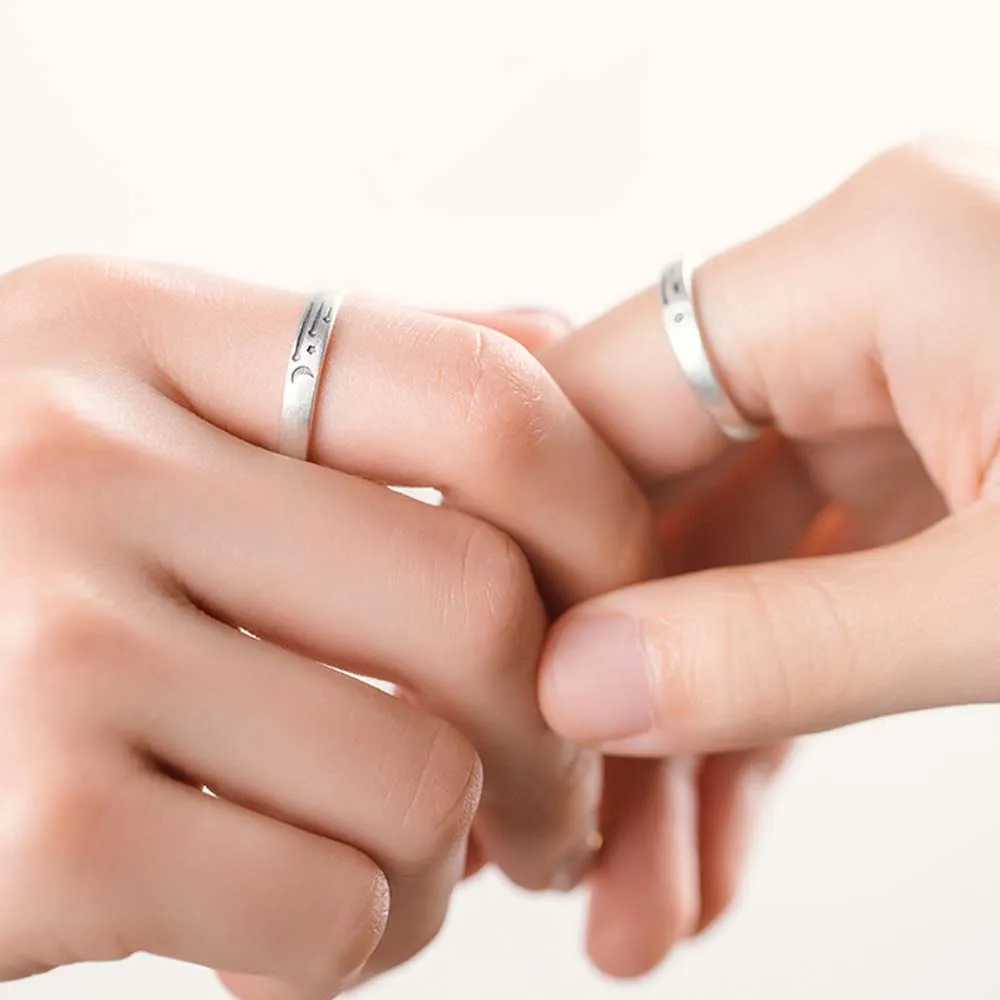 Retro Sun Moon Couple Ring Minimalist Silver Color Opening Rings For Men Women Korean Style Personality Finger RingsX240921