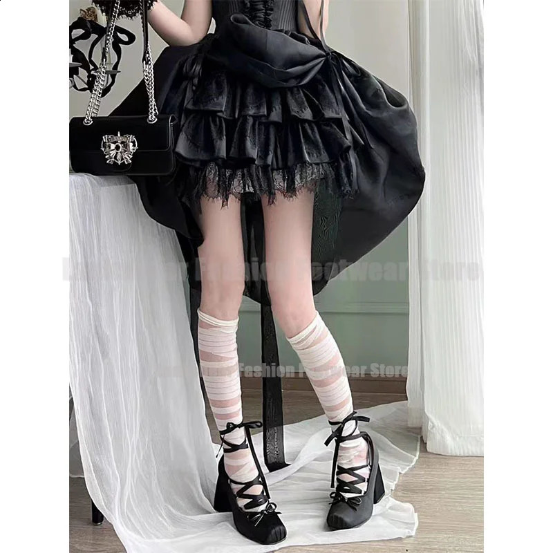 Pink satin ballet single shoes for girls sweet cross with high heels thick high heels for women French style womens shoes Mary Jane shoes 240919