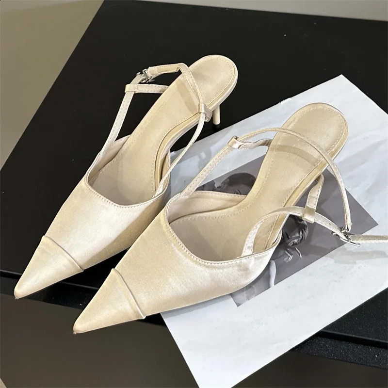 Eilyken high-quality satin buckle strap womens pump sandals fashionable shallow toe heel strap mule shoes 240919