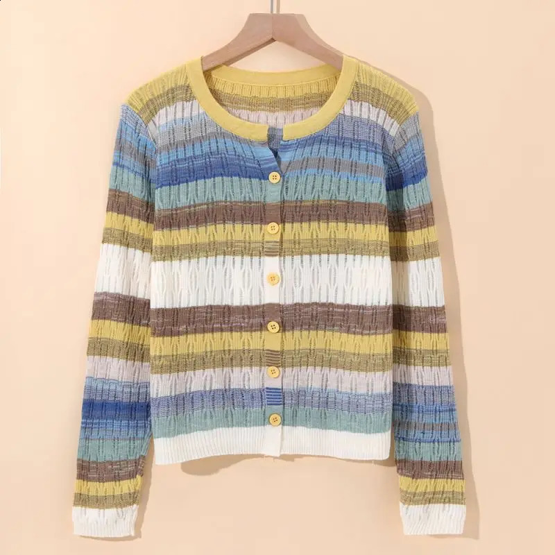 Multi-Color Rainbow Striped V-Neck Knit Chic Long Sleeve Womens Cardigan Single Breasted Sweater Cardigan For Women Clothing 240912