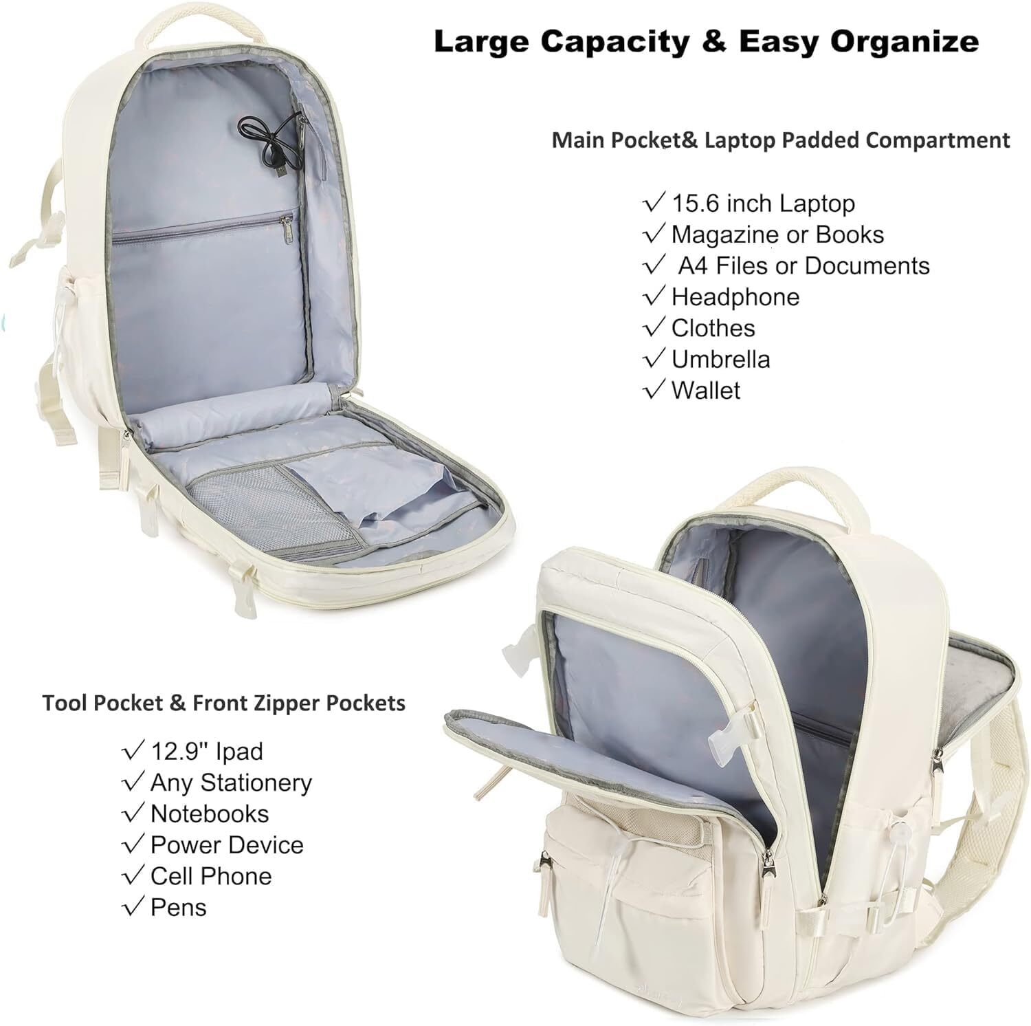 Travel for Women Men 15.6 Inch Laptop Backpac with USB Port Carry on Backpack Flight Approved Large Back Pac College Bookbags Outdoor Sports Hiking Ru