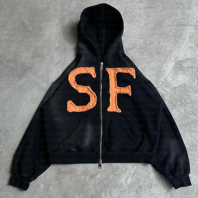 American Street Zipper Hoodie Men Harajuku Letters High Street All-match Casual Jacket Embroidered Oversized Sweatshirt Women 240921