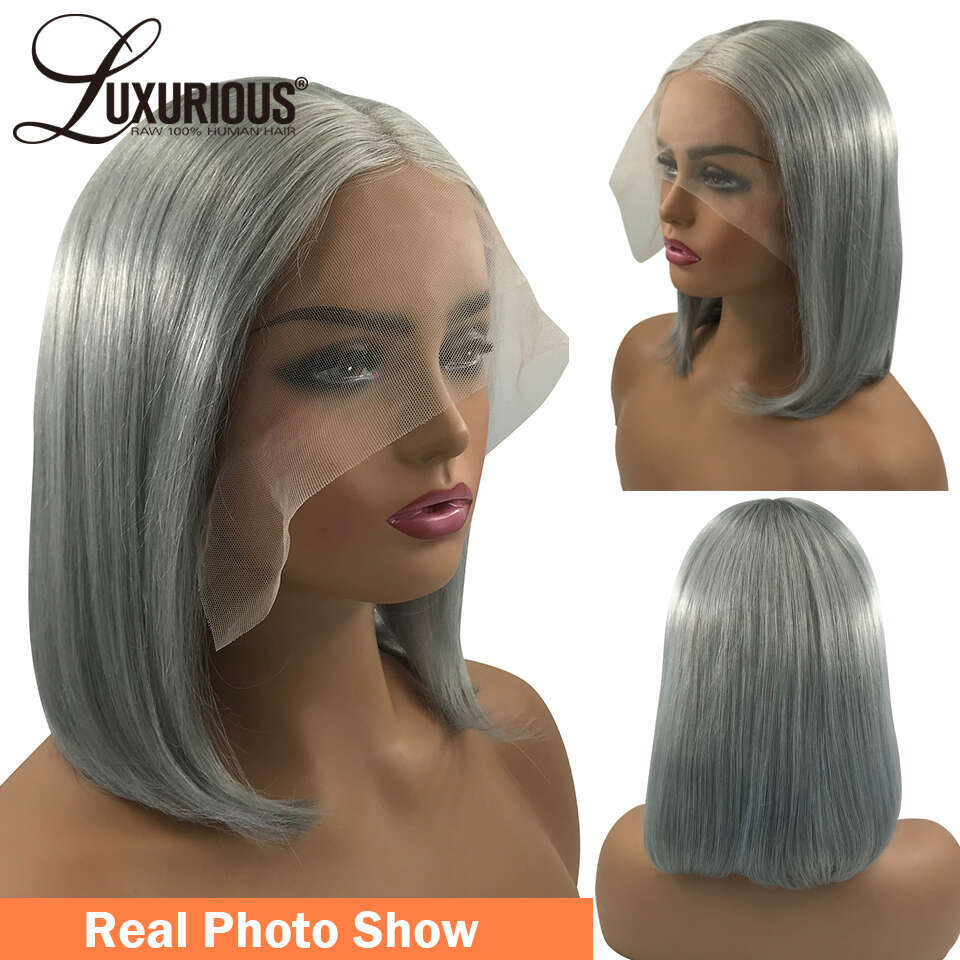 URIOUS Sliver Grey Short Bob Human Wigs For Women 13x4 Transparent Lace Frontal Straight Brazilian Remy Hair Wig