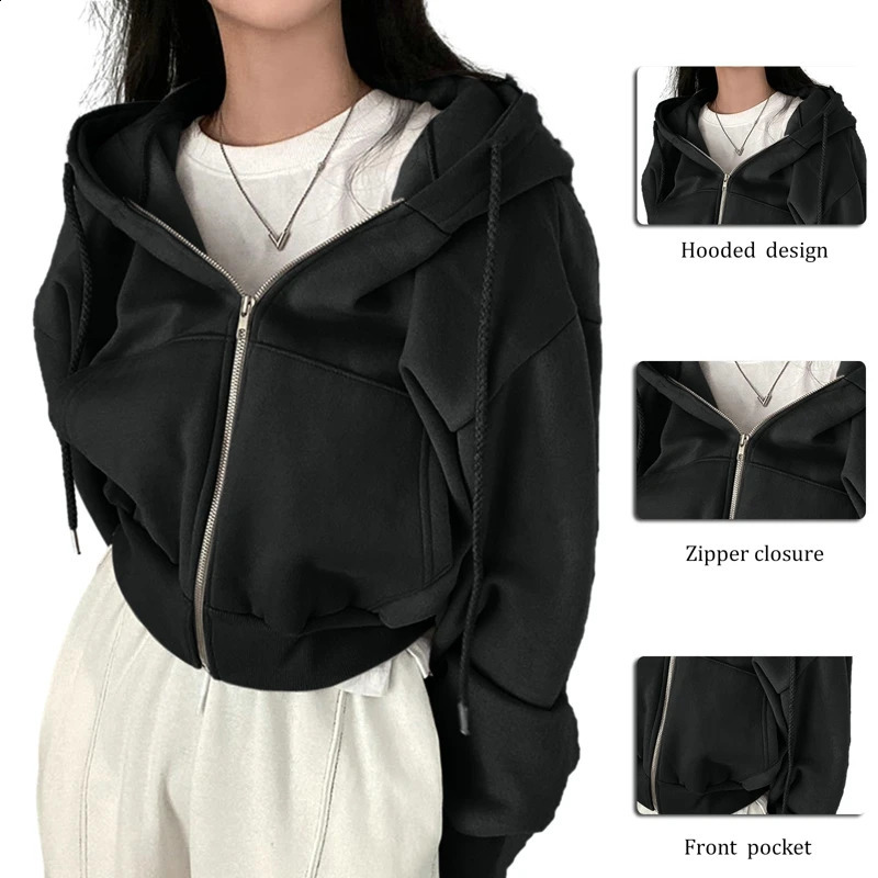 2024 Women Hoodies Autumn Retro Solid Color Zip Up Oversized Sweatshirts Harajuku Korean Version Long Sleeve Hooded Jackets Coat 240919