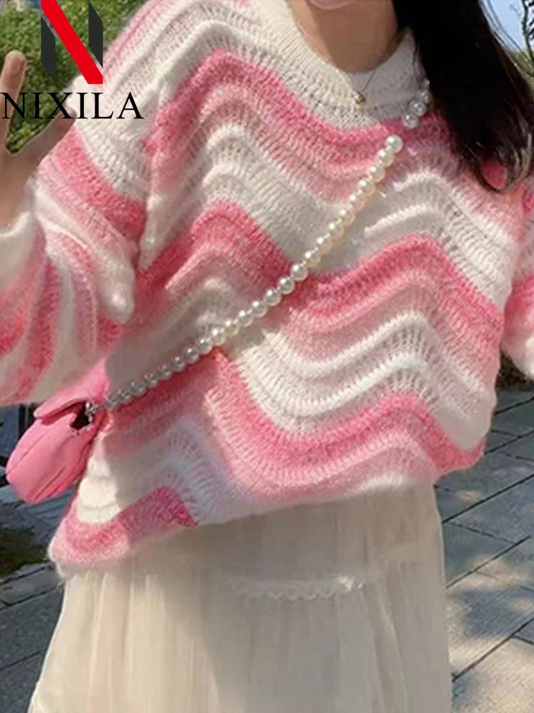 Spring Autumn Womens Pullover Sweet Rainbow Bar Sweater Women Elegant Loose Knit Long Sleeve Tops Korean Fashion Lady Clothes 240912