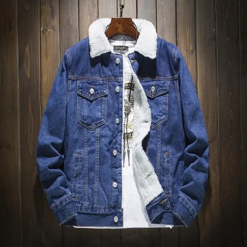 Mens thick wool lined denim cotton coat fashionable Korean style loose suit padded jacket casual winter fashion 240921