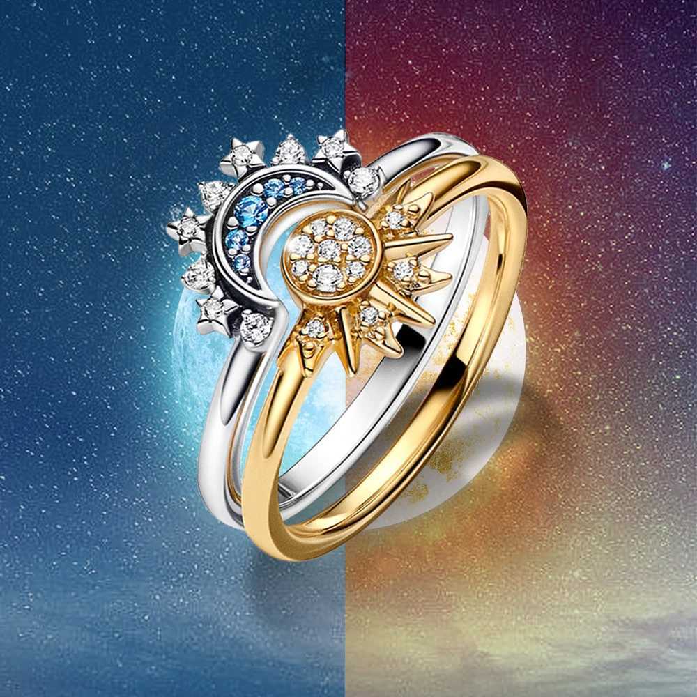 2 Pcs Ring Sets 925 Silver Jewelry Moon Sun Ring For Women Wife Valentiness Day Gift Jewellery Lover 2 IN 1 Statement BandX240921