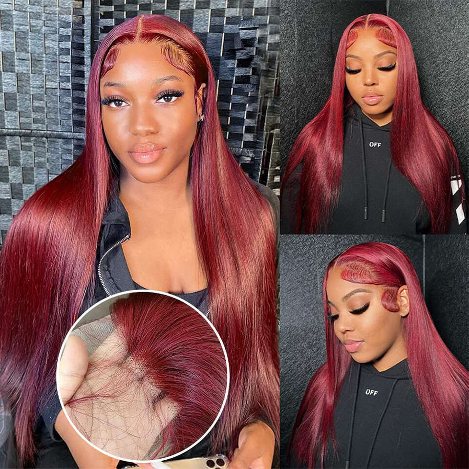 99j Straight 13x4 Front HD Lace Bury Red Color Glueless Wigs Human Hair 100% PrePluckd For Black Women