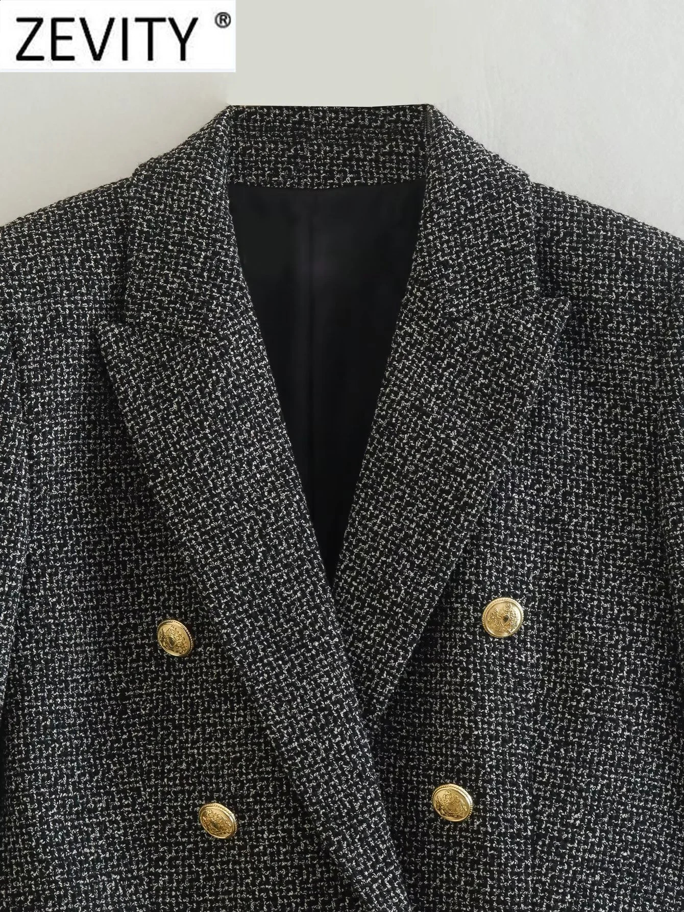 ZEVITY Women Vintage Notched Collar Houndstooth Pattern Tweed Woolen Blazer Coat Female Outerwear Chic Suits Veste Tops CT2994 240911