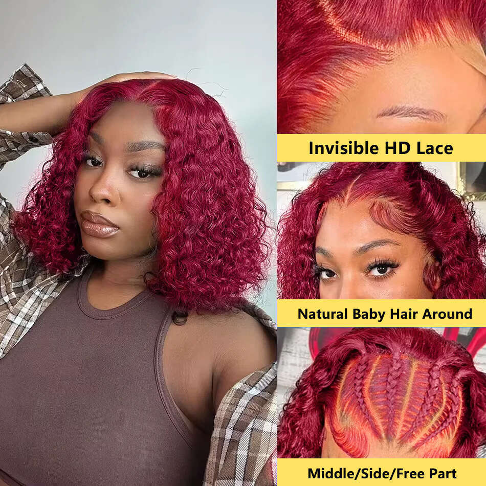 99J Bury Short Bob 13x4 Front Human Hair Red Colored Deep Wave 13x6 Lace Frontal Wig