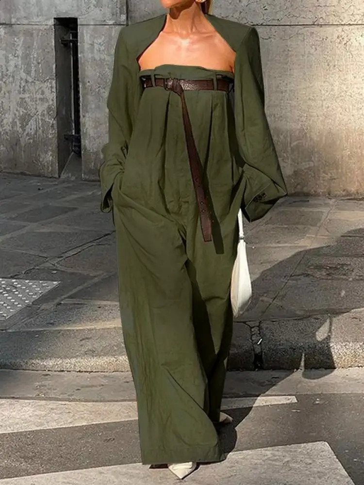 Yeezzi 2024 Female Fashion Long Sleeves Collarless Outerwear Tops Strapless Wide Leg Tube Belted Jumpsuits Two Pieces Sets 240921