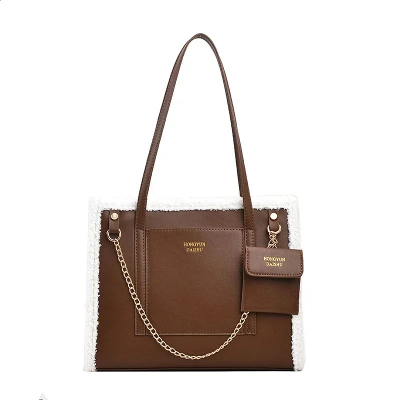 Large Capacity Commuting Tote Bag for Women Autumn and Winter Item Contrasting Lamb Wool Single Shoulder Handbag Paket 240909
