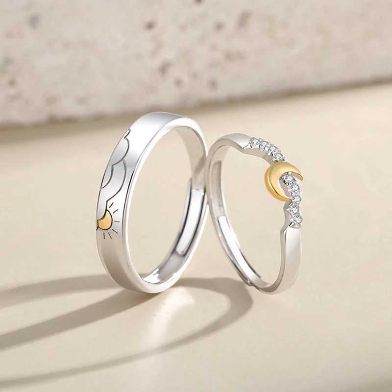 Silver-Plate French Drop Glaze Romantic Couple Ring Simple Personalized Sun Moon Titanium Steel Open Rings Valentines Day GiftX240921