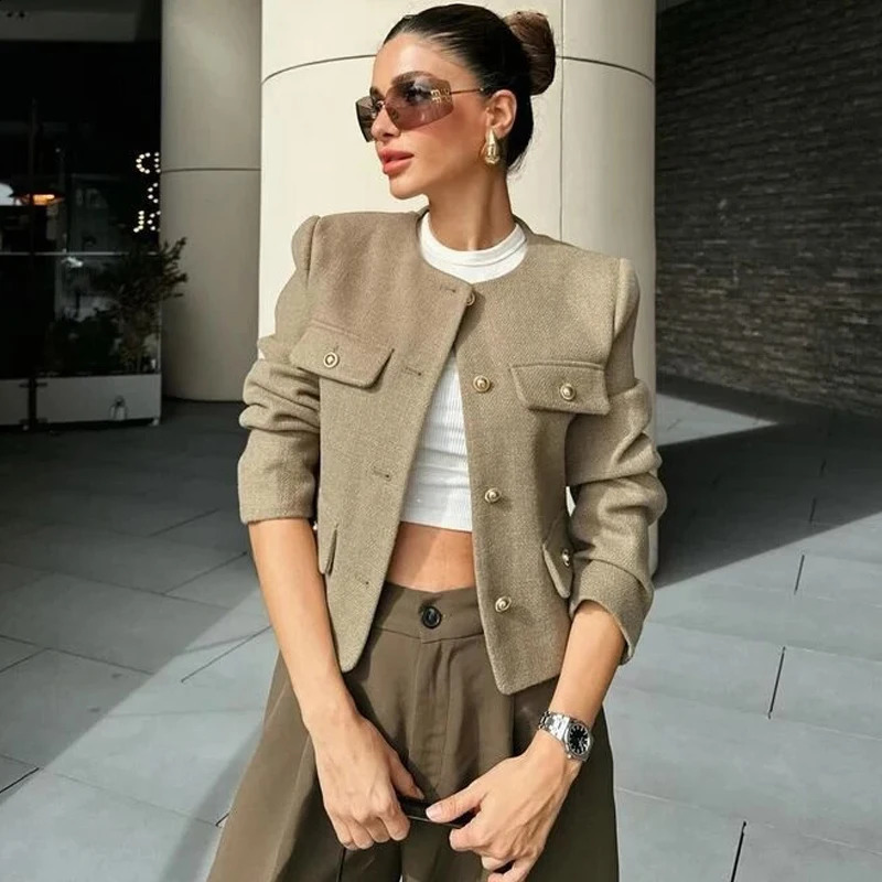 TRAF Autumn Cropped Jacket For Women Coat Winter Crop Jacket Tweed Round neck Long sleeved Demi-season Jacket Bomber Outerwears 240919