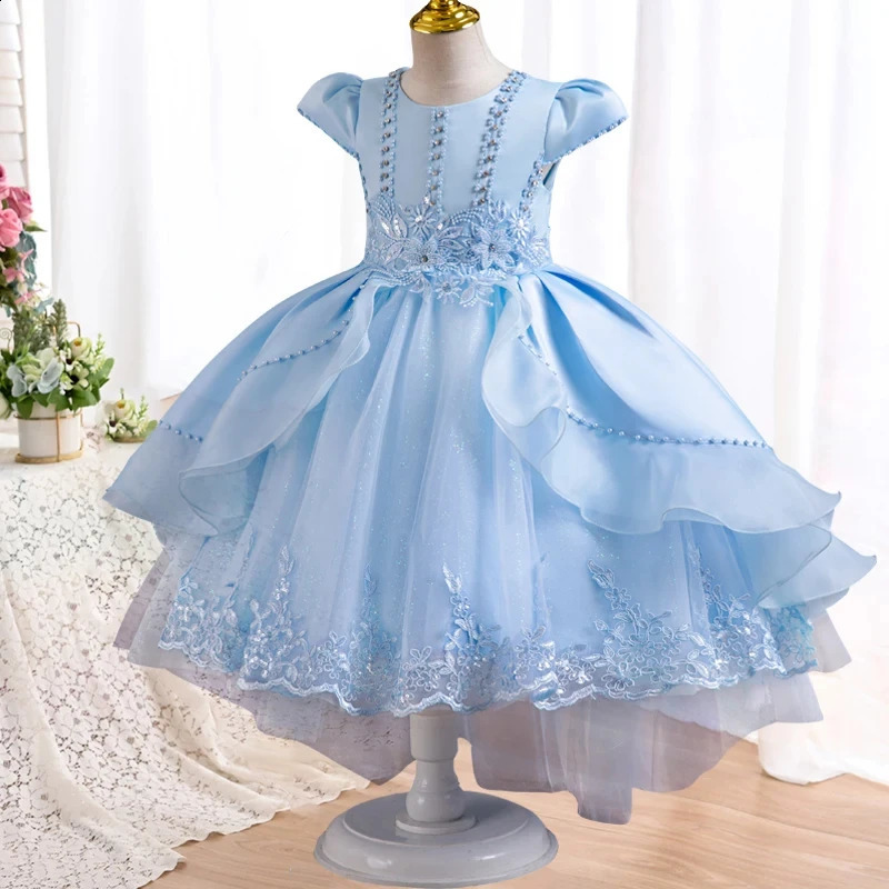 Girls pearl birthday bead flower tail fluffy dress 4-12-year-old girl embroidery sequin wedding girl princess dress 240920
